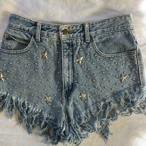 Georges Marciano Guess Blue Jean Shorts with Distressed Fringe Size 31 - Picture 1 of 9